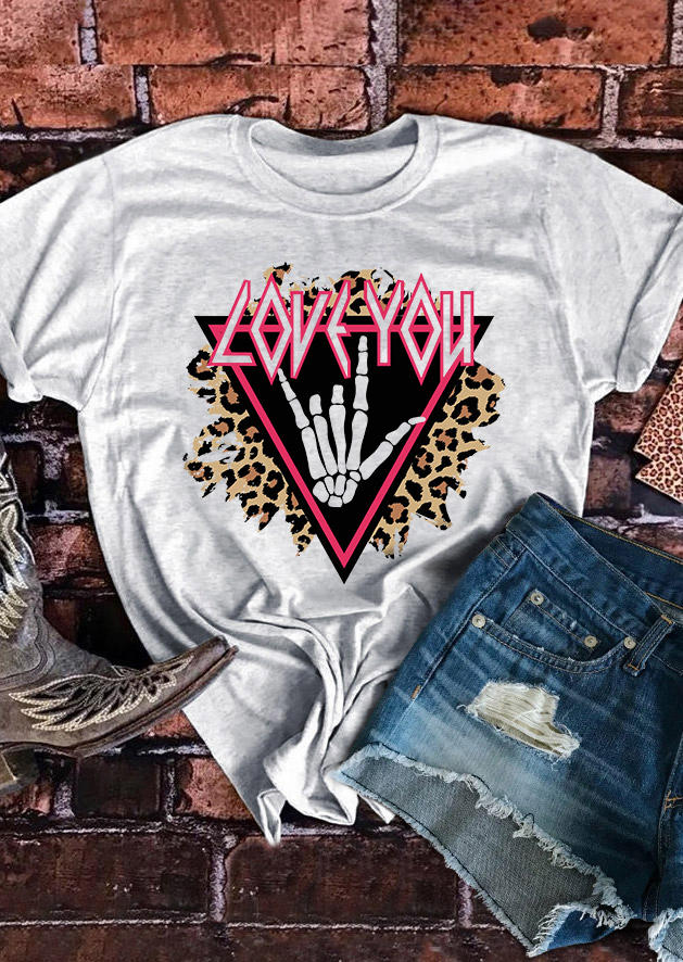 

Valentine Love You Leopard Skeleton Hand T-Shirt Tee - Light Grey, Gray, SCM010874