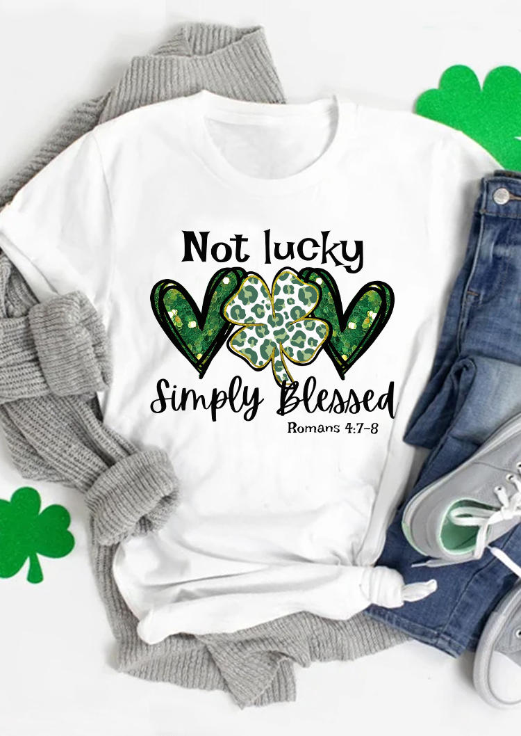

Not Lucky Simply Blessed Heart Shamrock T-Shirt Tee - White, SCM010894