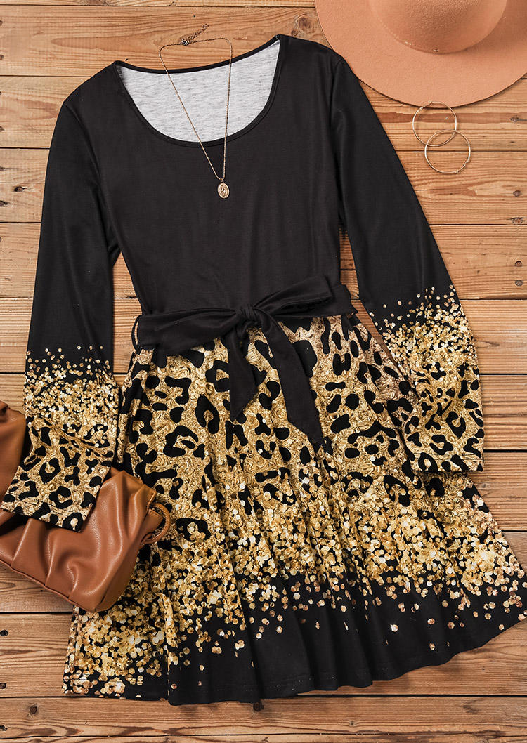 Leopard Glitter Long Sleeve O-Neck Mini Dress - Black