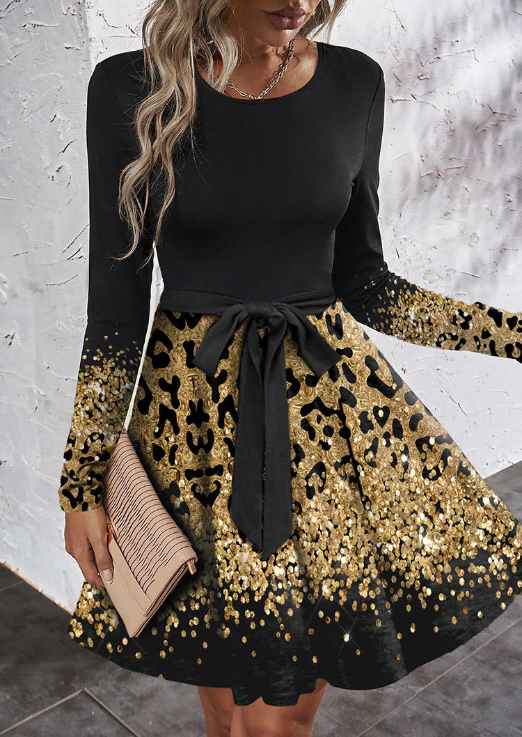 Leopard Glitter Long Sleeve O-Neck Mini Dress - Black