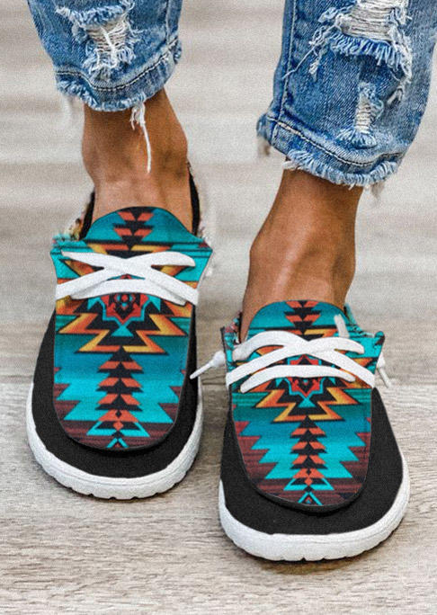 

Aztec Geometric Round Toe Flat Sneakers - Black, SCM010581