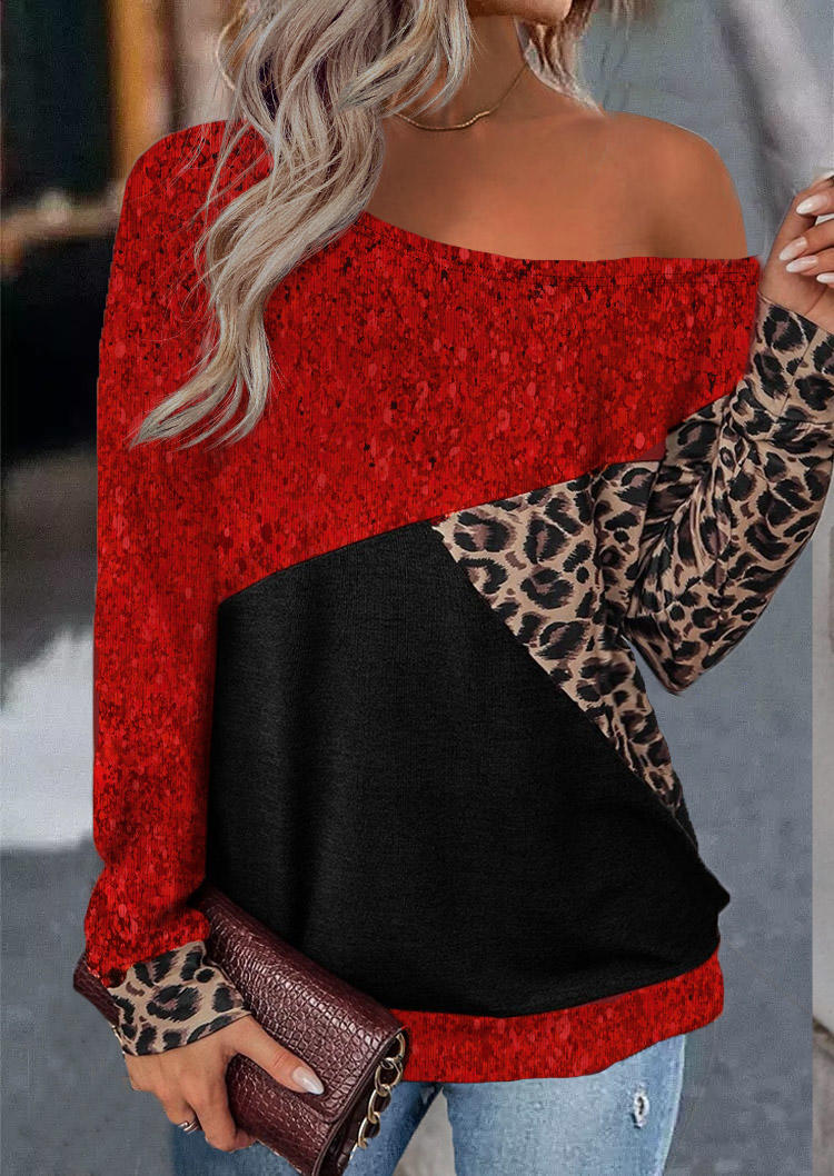 

Leopard Color Block Long Sleeve Blouse, Multicolor, SCM010631