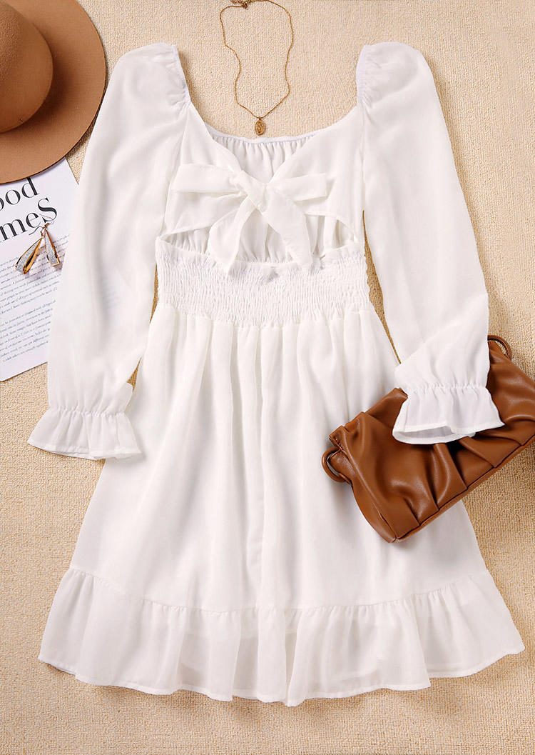 Smocked Ruffled Open Back Tie Mini Dress - White