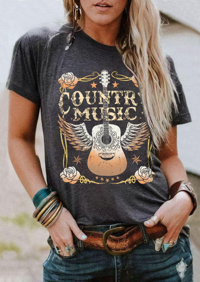 

Country Music Floral Guitar O-Neck T-Shirt Tee - Gray, SCM010701