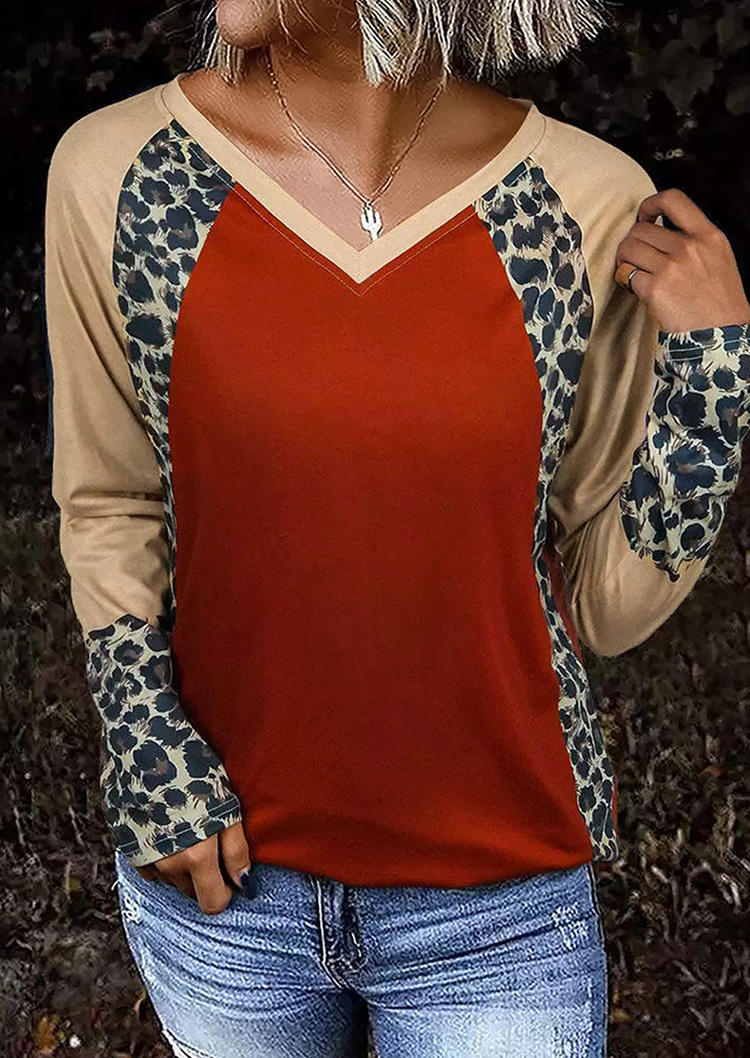 

Leopard Color Block Raglan Sleeve Blouse - Red, SCM010761