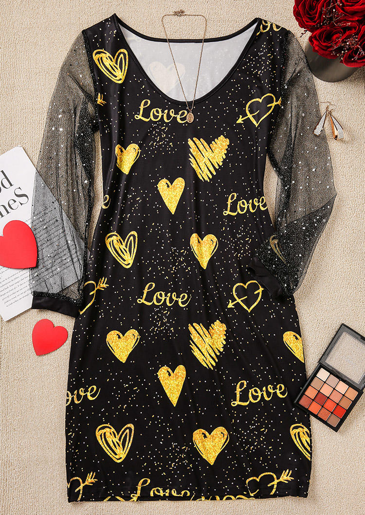 Valentine Love Glitter Heart Mesh Splicing Mini Dress