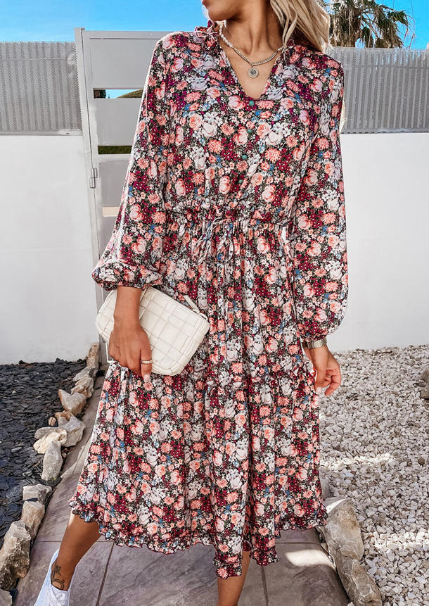 

Floral Notched Neck Long Sleeve Midi Dress - Red, SCM010923