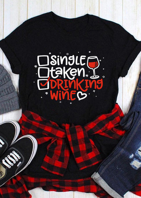 

Single Taken Drinking Wine Heart T-Shirt Tee - Black, SCM010993