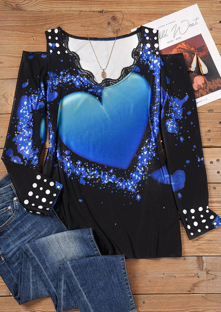 Valentine Glitter Heart Lace Splicing Blouse - Blue