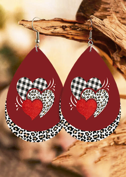 Valentine Leopard Plaid Heart PU Leather Earrings