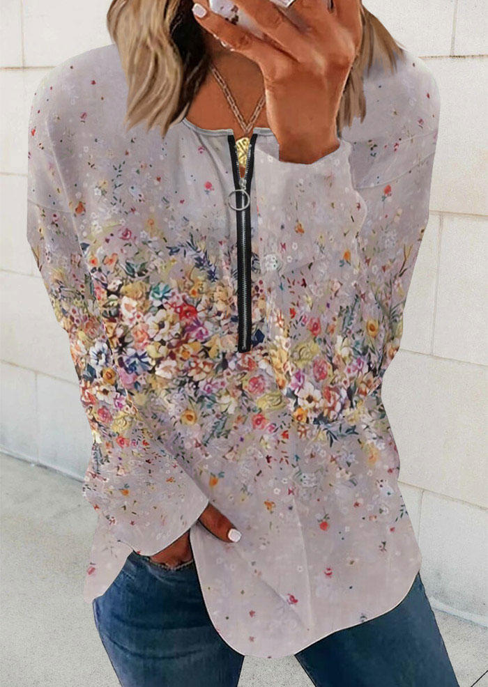 

Floral Zipper Drop Shoulder Blouse, Multicolor, SCM010693