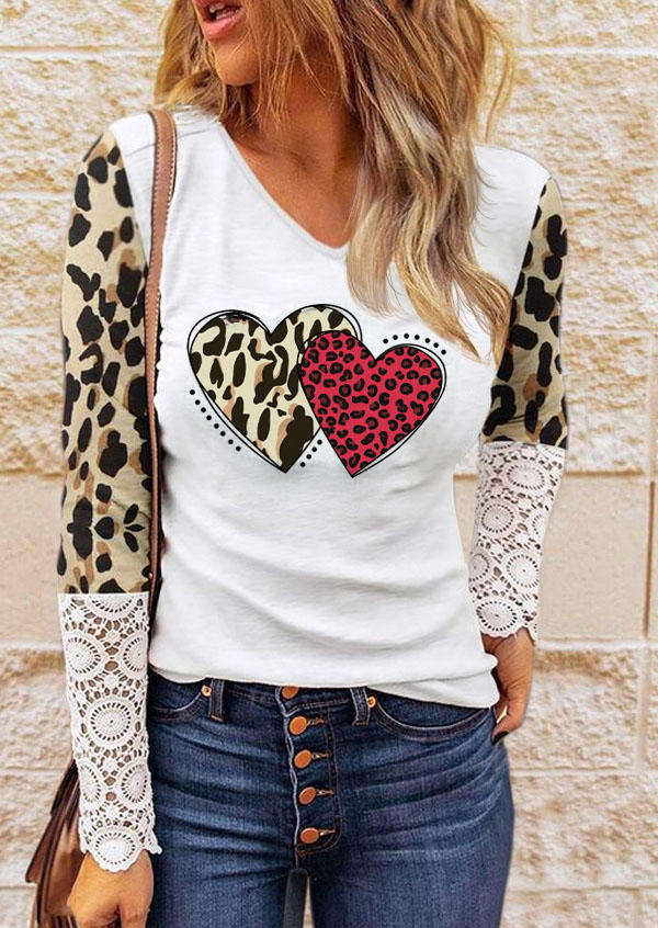 Valentine Plaid Heart Leopard Lace Splicing Blouse