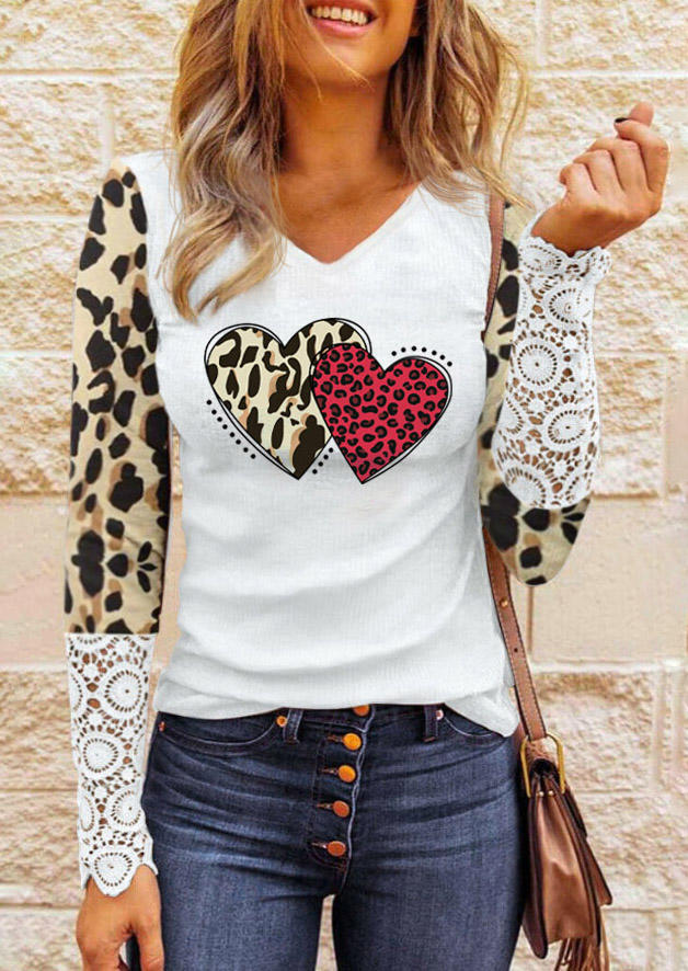 

Valentine Plaid Heart Leopard Lace Splicing Blouse, Multicolor, SCM010724