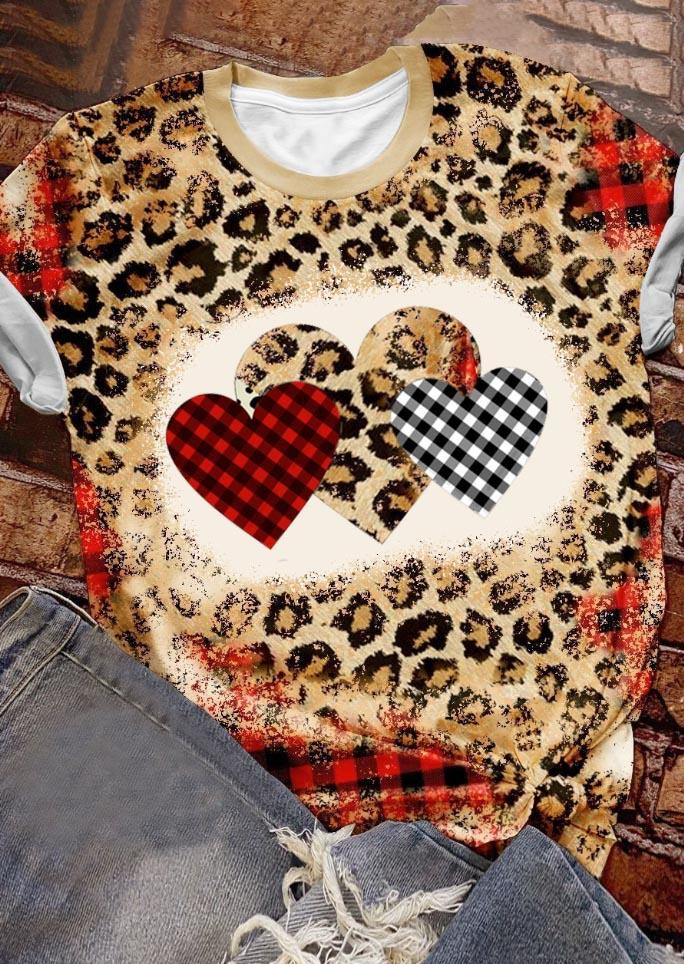 

Valentine Heart Leopard Plaid Bleached O-Neck T-Shirt Tee, Multicolor, SCM010822