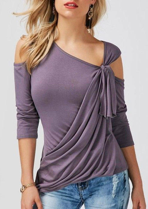 

Wrap Tie Cold Shoulder Blouse - Purple, SCM010870