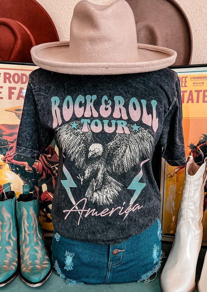 America Rock Roll Tour Eagle T-Shirt Tee - Gray