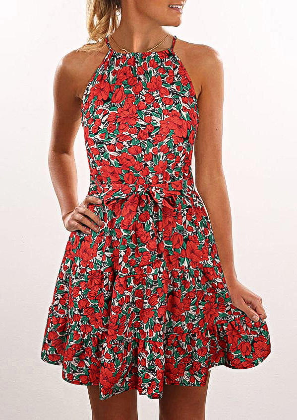 

Floral Spaghetti Strap Mini Dress - Red, SCM010927