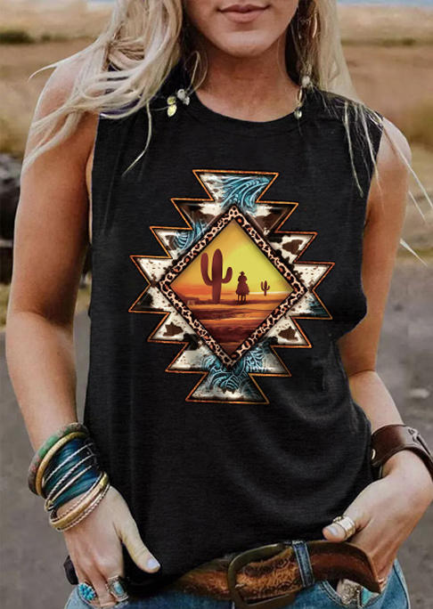 

Aztec Geometric Sunset Cow Cactus Tank - Black, SCM010980
