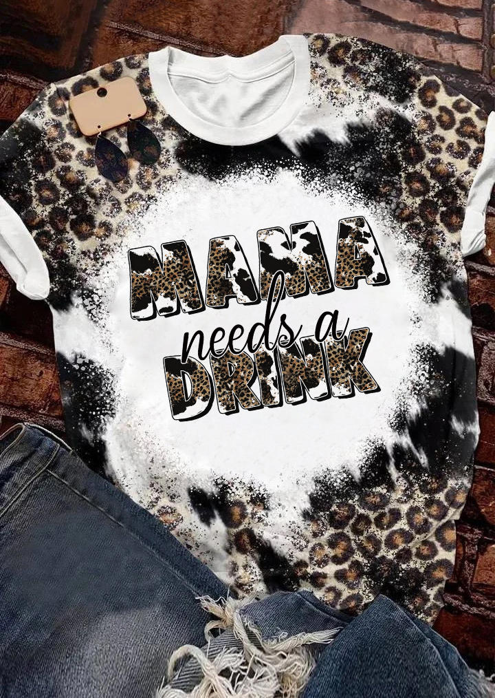 

Mama Needs A Drink Leopard Bleached T-Shirt Tee, Multicolor, SCM010981