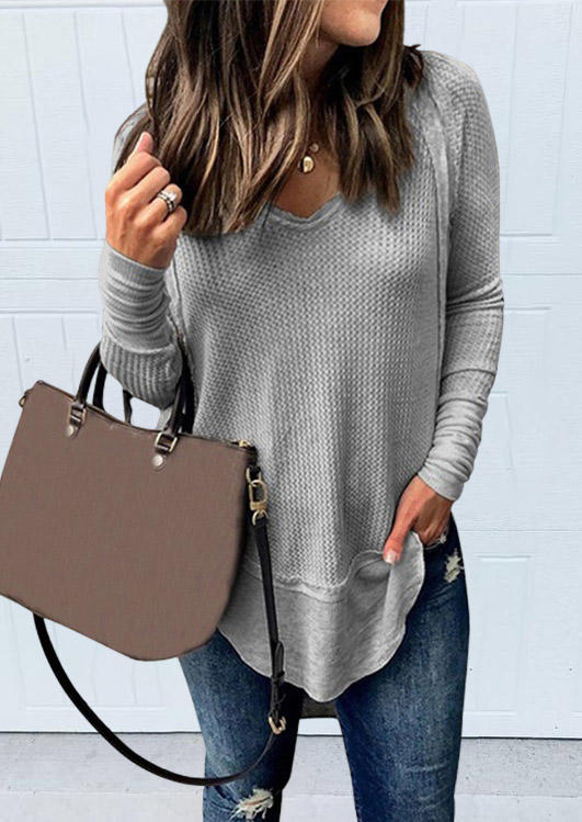 

Splicing Long Sleeve O-Neck Waffle Blouse - Gray, SCM010988