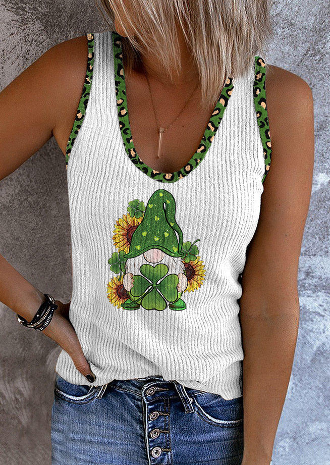 

St. Patrick' Day Lucky Shamrock Leopard Sunflower Gnome Tank - White, SCM011001