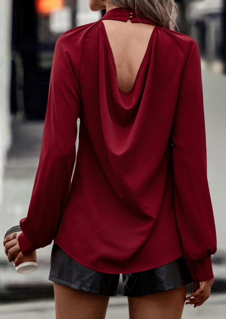 Cut Out Ruffled Mock Neck Blouse - Burgundy