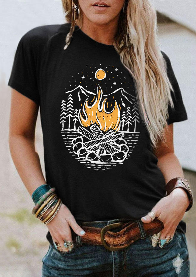 

Camping Adventure And Camp Fire O-Neck T-Shirt Tee - Black, SCM011053