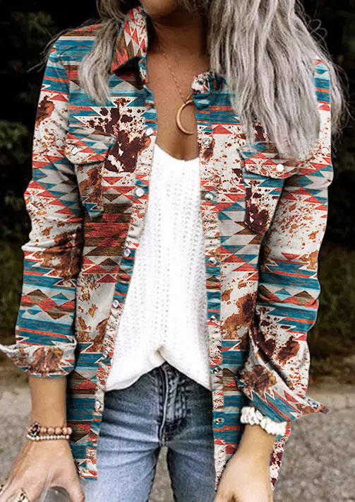 

Aztec Geometric Pocket Button Coat, Multicolor, SCM009981