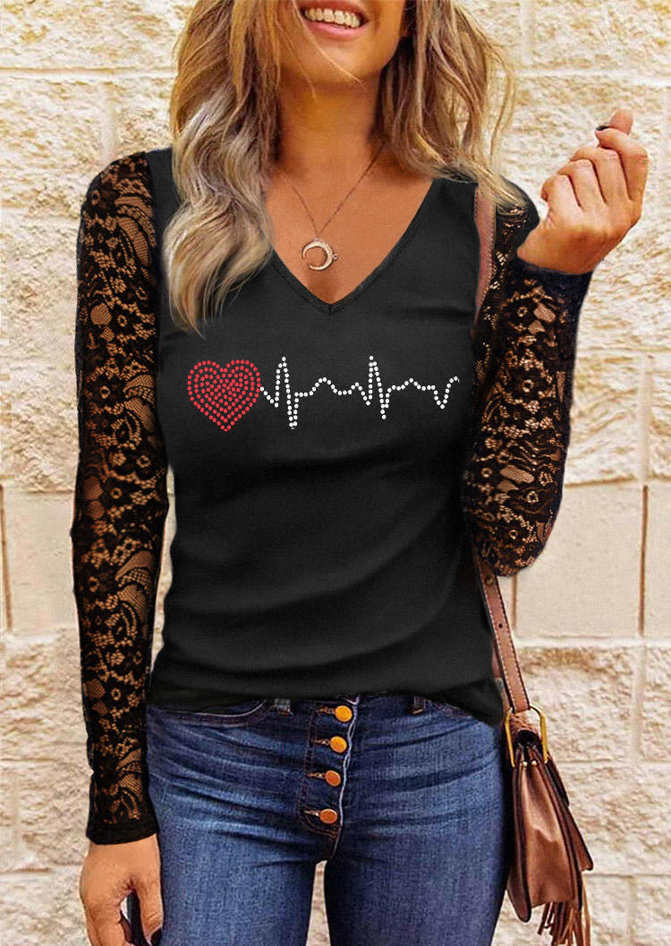 

Valentine ECG Heartbeat Lace Splicing V-Neck Blouse - Black, SCM010749