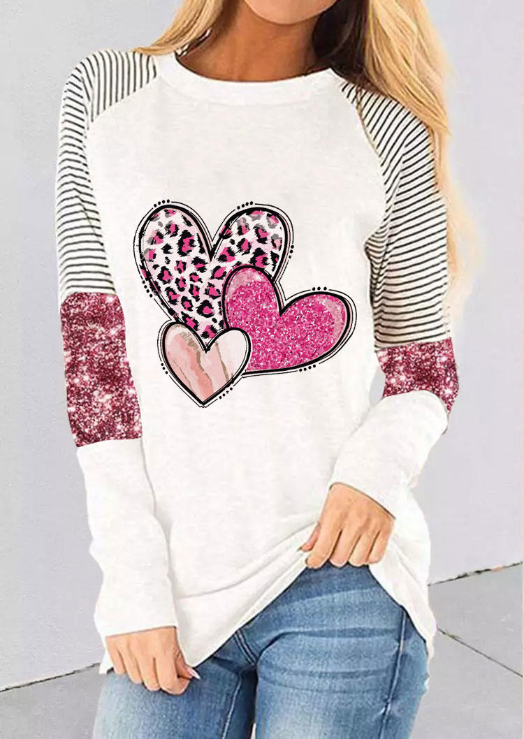 

Valentine Leopard Glitter Heart Striped T-Shirt Tee - White, SCM010854