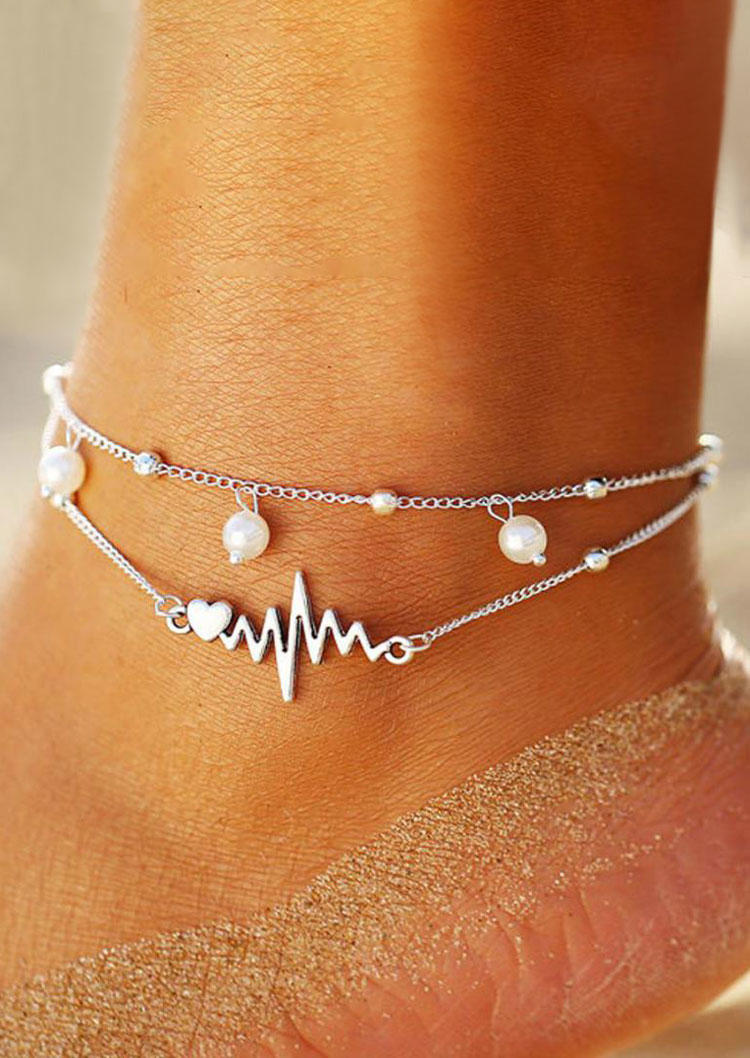 

Valentine Heart ECG Heartbeat Pearl Dual-Layered Anklet, Silver, SCM010954