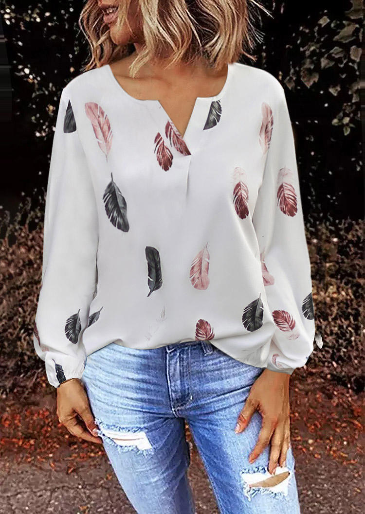 

Feather Notched Neck Blouse - White, SCM011025