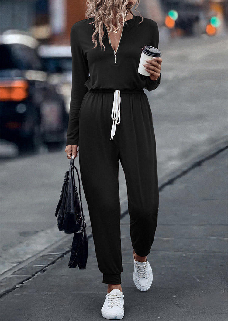 

Zipper Collar Tie Pocket Long Sleeve Jumpsuit - Black, SCM011049