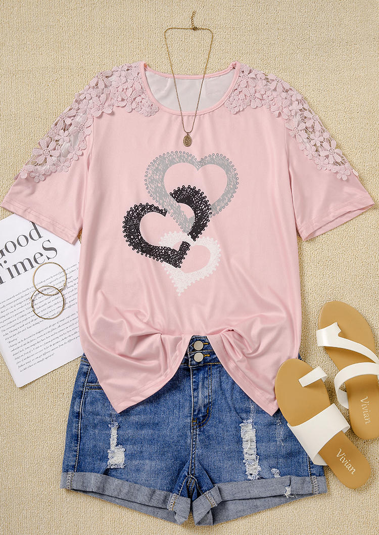 Valentine Heart Lace Splicing Blouse - Pink