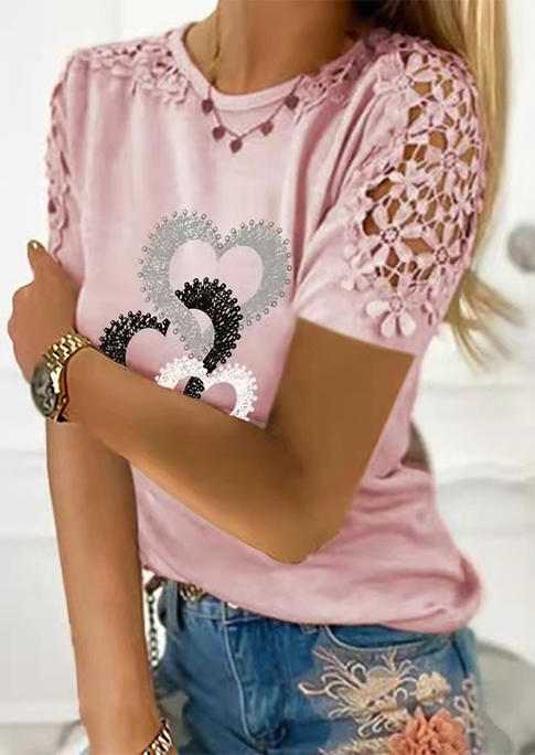 

Valentine Heart Lace Splicing Blouse - Pink, SCM011056