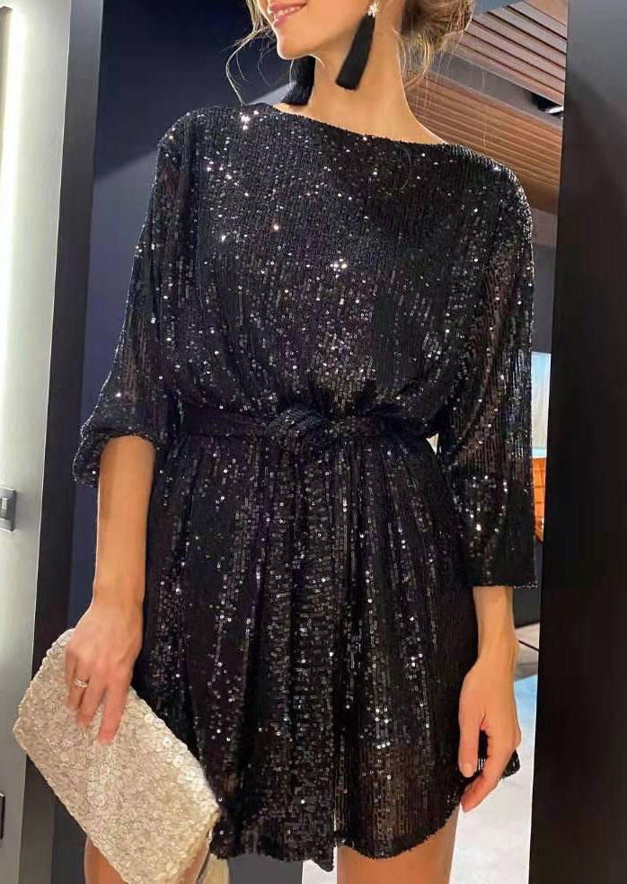 

Glitter Half Sleeve O-Neck Mini Dress With Belt - Black, SCM011150