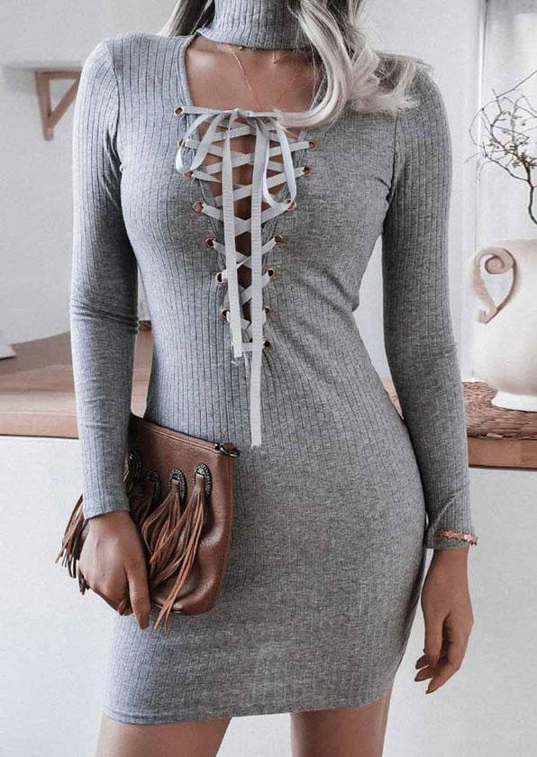 

Lace Up Turtleneck Long Sleeve Bodycon Dress - Gray, SCM011158