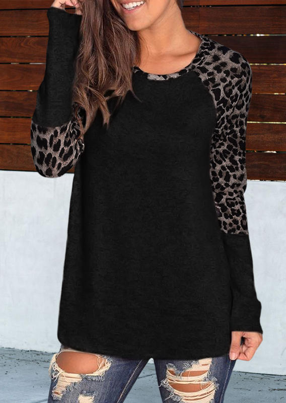 

Leopard Raglan Sleeve O-Neck Blouse - Black, SCM010419