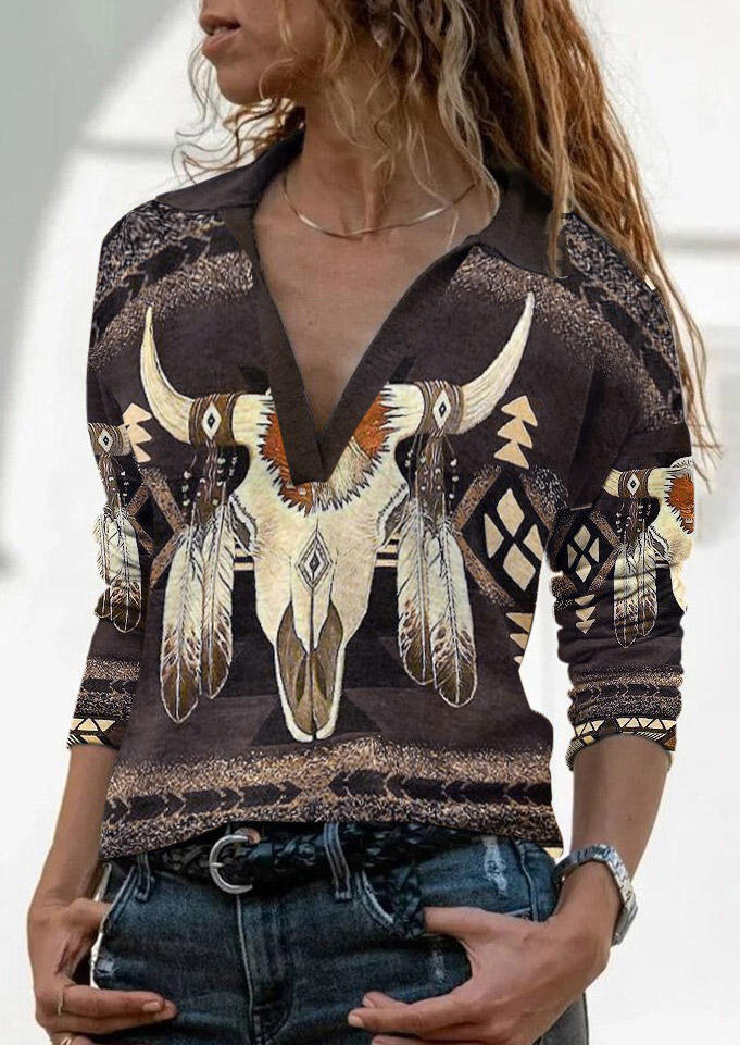 

Steer Skull Glitter Long Sleeve Blouse, Multicolor, SCM010658