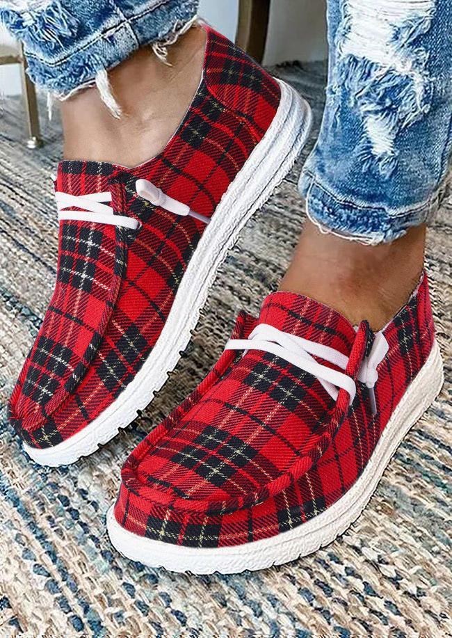 

Plaid Slip On Round Toe Flat Sneakers, Red, SCM010790