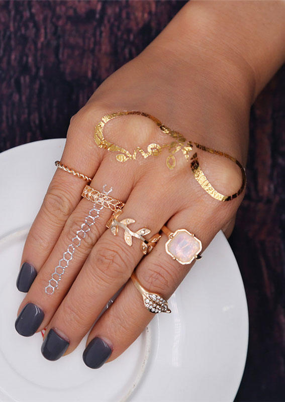 

5Pcs Rhinestone Hollow Out Leaf Ring Set, Gold, SCM011017