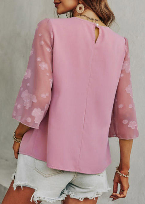 Floral Button Ruffled Lace Splicing Blouse - Pink