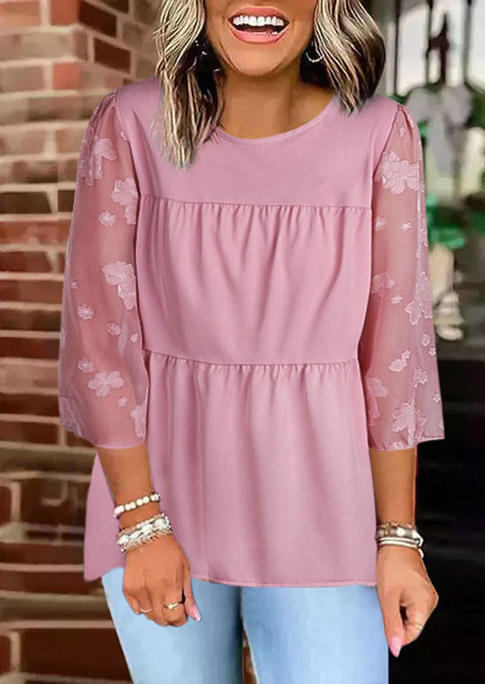 

Floral Button Ruffled Lace Splicing Blouse - Pink, SCM011029