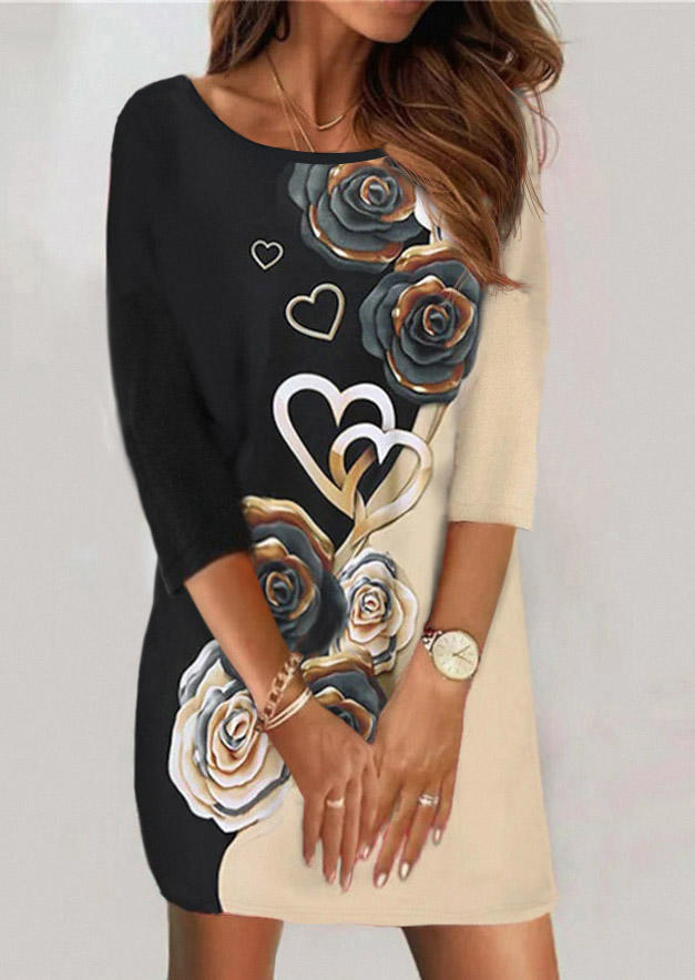 

Valentine Love Heart Floral O-Neck Mini Dress - Black, SCM011034