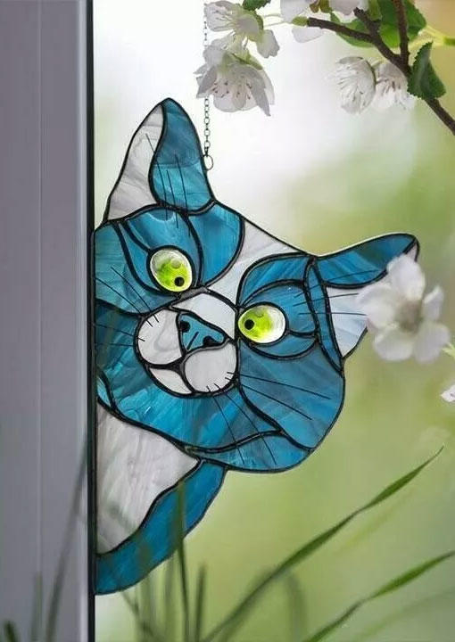 

Stained Glass Cat Window Hanging Ornament, Blue, SCM011209