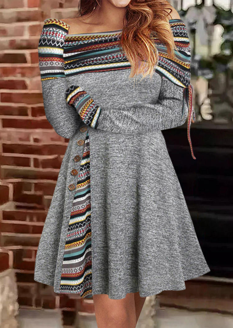

Ethnic Off Shoulder Button Mini Dress - Gray, SCM011247