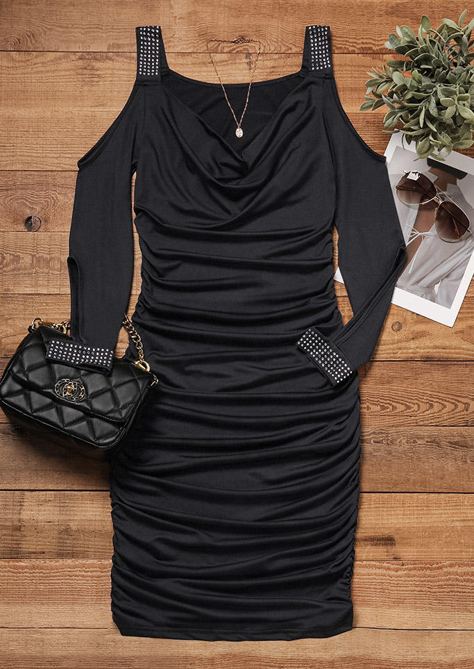 Rhinestone Ruched Cold Shoulder Bodycon Dress - Black
