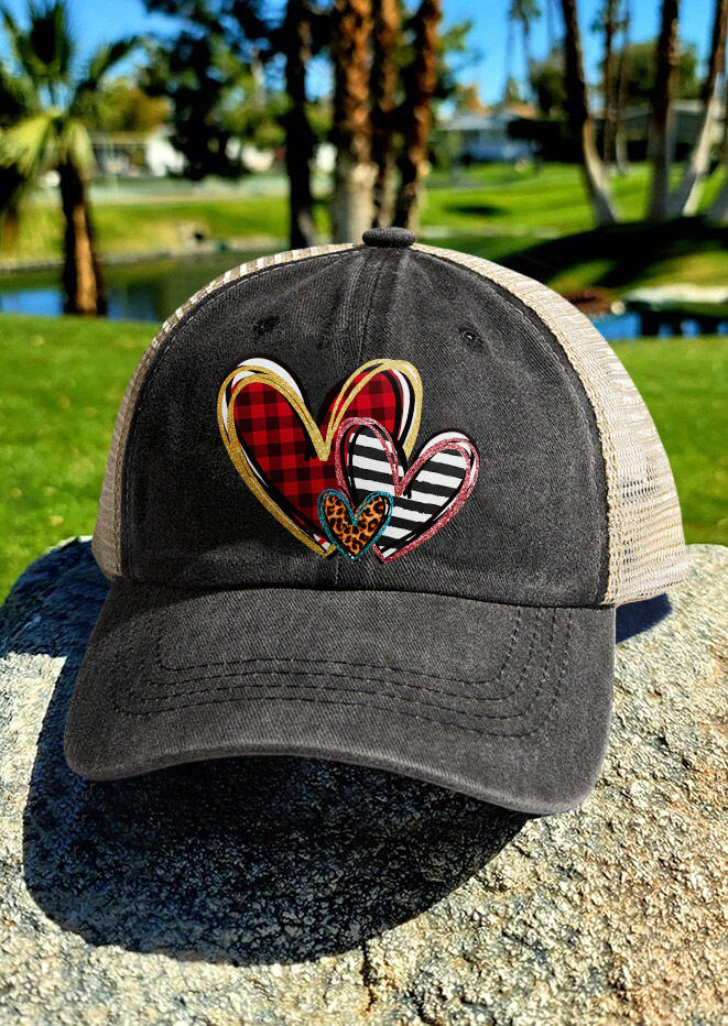 

Valentine Leopard Plaid Striped Heart Mesh Splicing Baseball Cap, Black, SCM010728