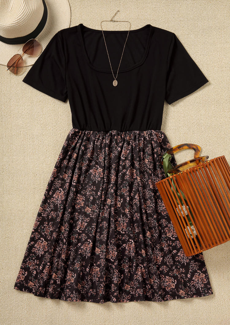 Floral Short Sleeve Mini Dress - Black