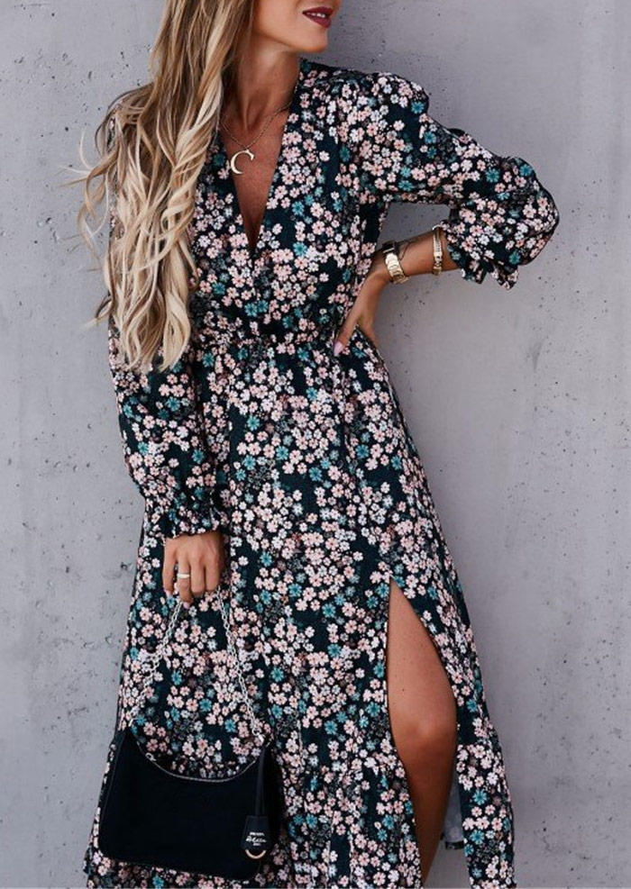 

Floral Long Sleeve Slit V-Neck Midi Dress, Multicolor, SCM011169